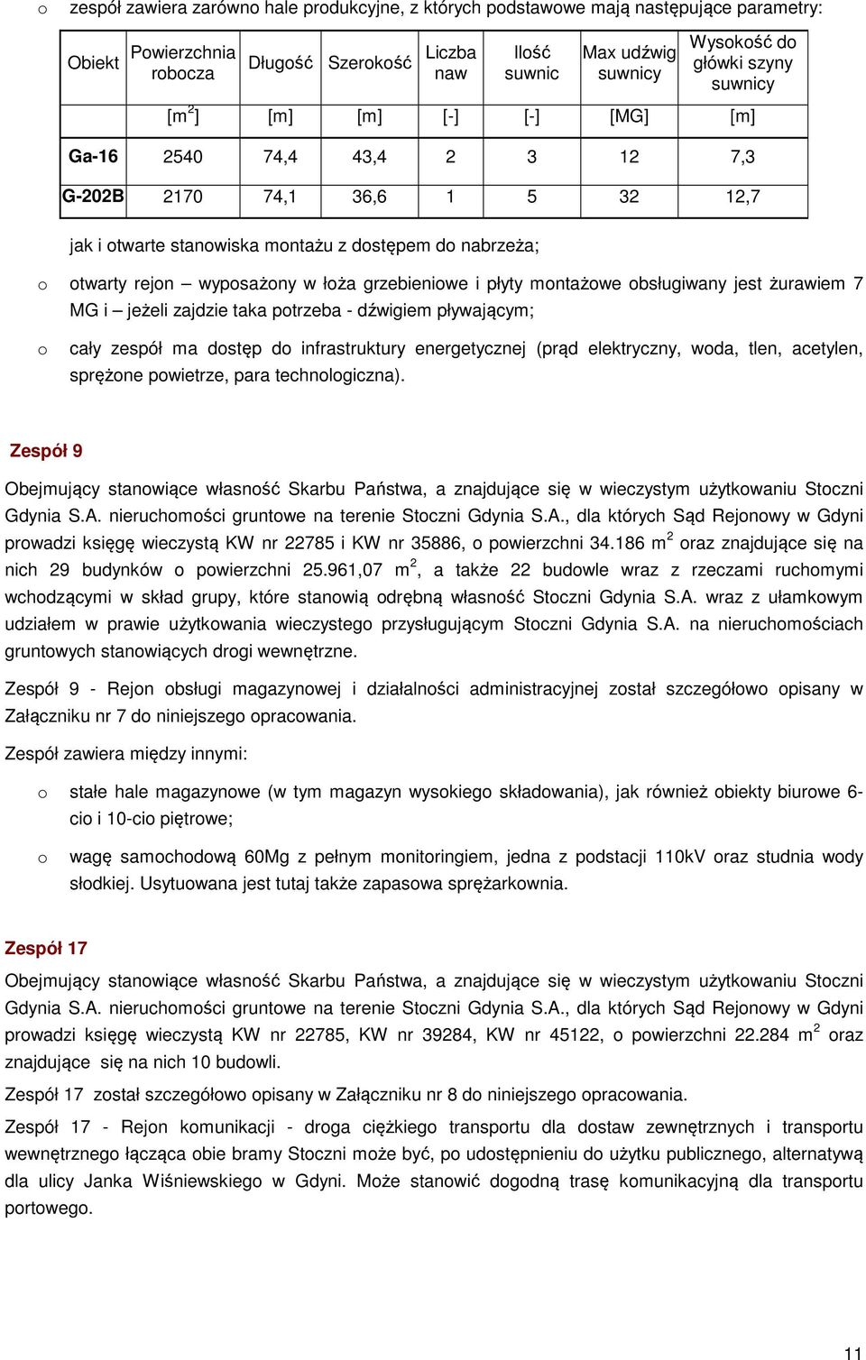 łoża grzebieniowe i płyty montażowe obsługiwany jest żurawiem 7 MG i jeżeli zajdzie taka potrzeba - dźwigiem pływającym; o cały zespół ma dostęp do infrastruktury energetycznej (prąd elektryczny,