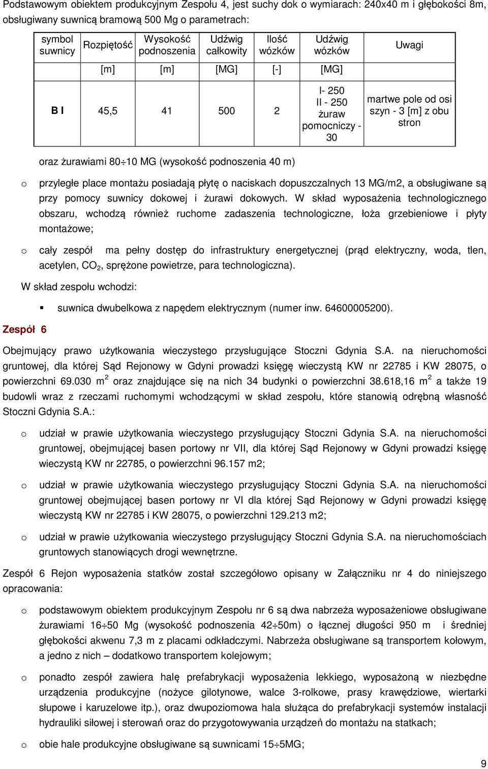 (wysokość podnoszenia 40 m) o przyległe place montażu posiadają płytę o naciskach dopuszczalnych 13 MG/m2, a obsługiwane są przy pomocy suwnicy dokowej i żurawi dokowych.