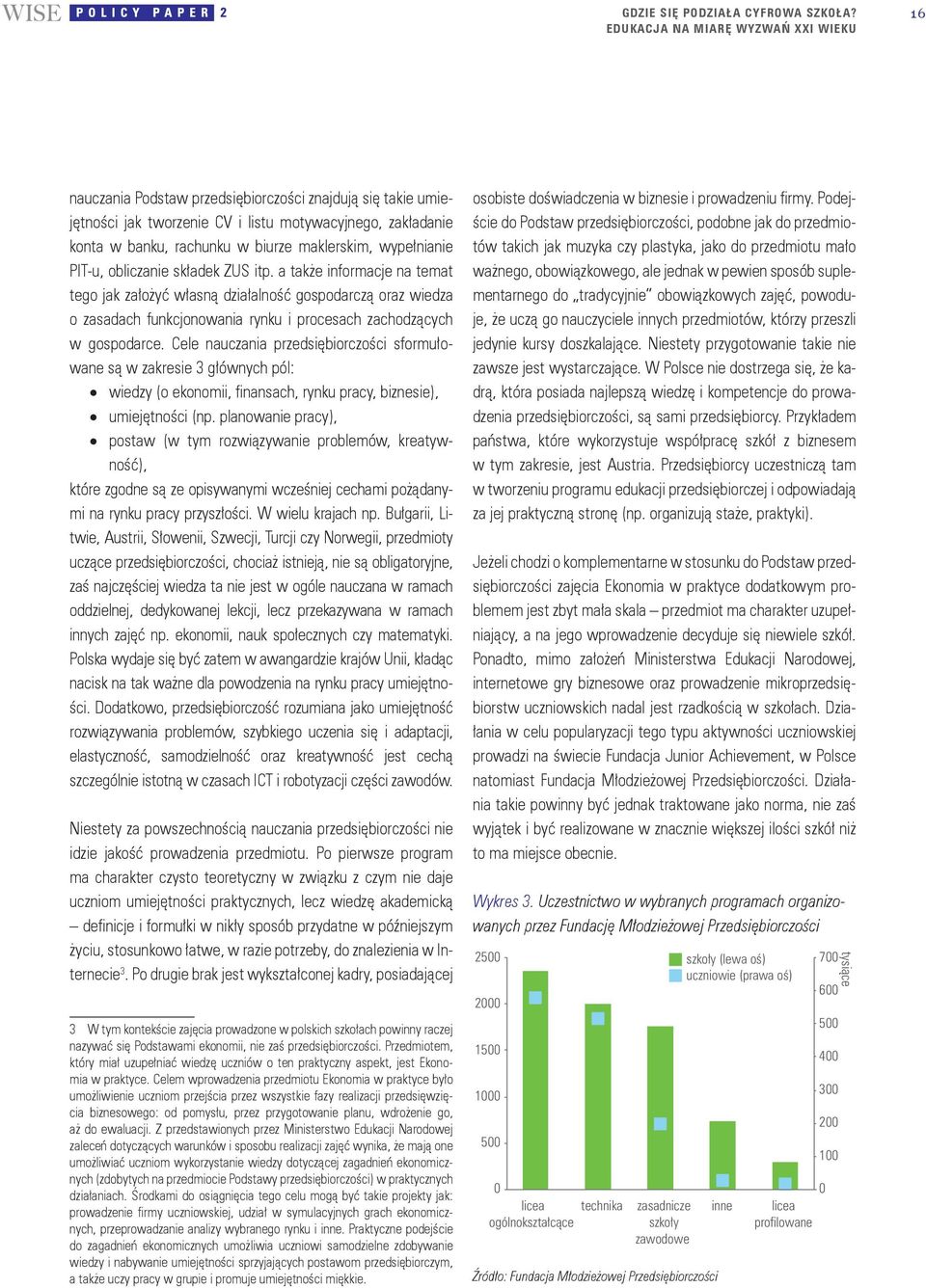 Cele nauczania przedsiębiorczości sformułowane są w zakresie 3 głównych pól: wiedzy (o ekonomii, finansach, rynku pracy, biznesie), umiejętności (np.