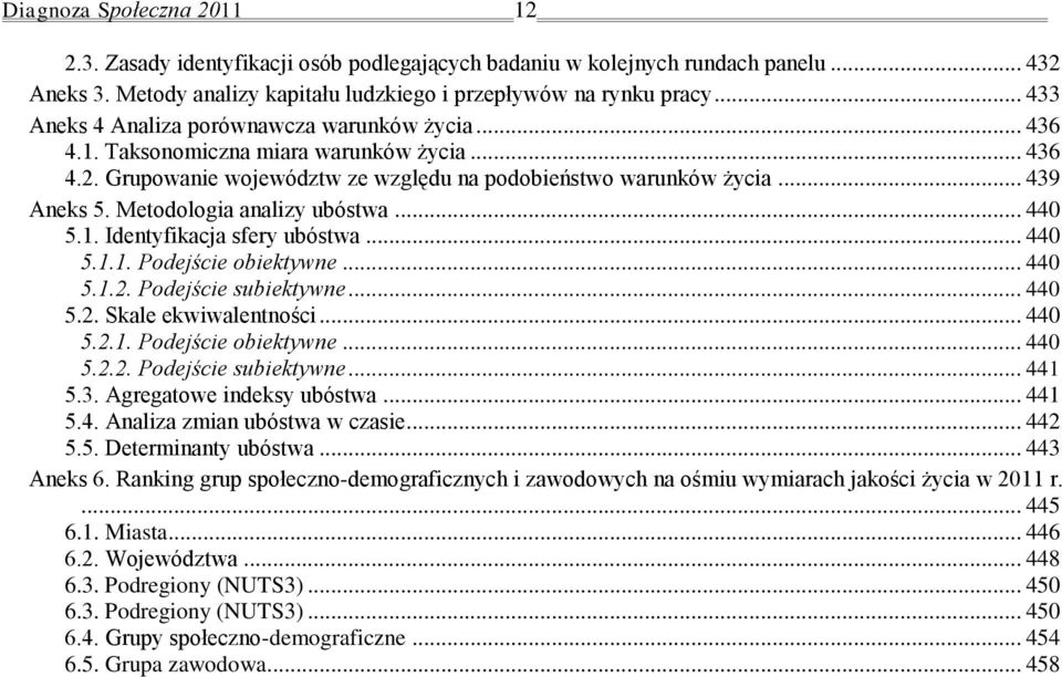 Metodologia analizy ubóstwa... 440 5.1. Identyfikacja sfery ubóstwa... 440 5.1.1. Podejście obiektywne... 440 5.1.2. Podejście subiektywne... 440 5.2. Skale ekwiwalentności... 440 5.2.1. Podejście obiektywne... 440 5.2.2. Podejście subiektywne... 441 5.