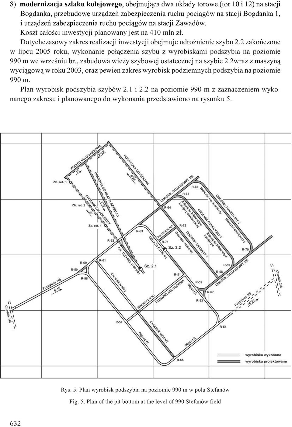 2 zakoñczone w lipcu 2005 roku, wykonanie po³¹czenia szybu z wyrobiskami podszybia na poziomie 990 m we wrzeœniu br., zabudowa wie y szybowej ostatecznej na szybie 2.