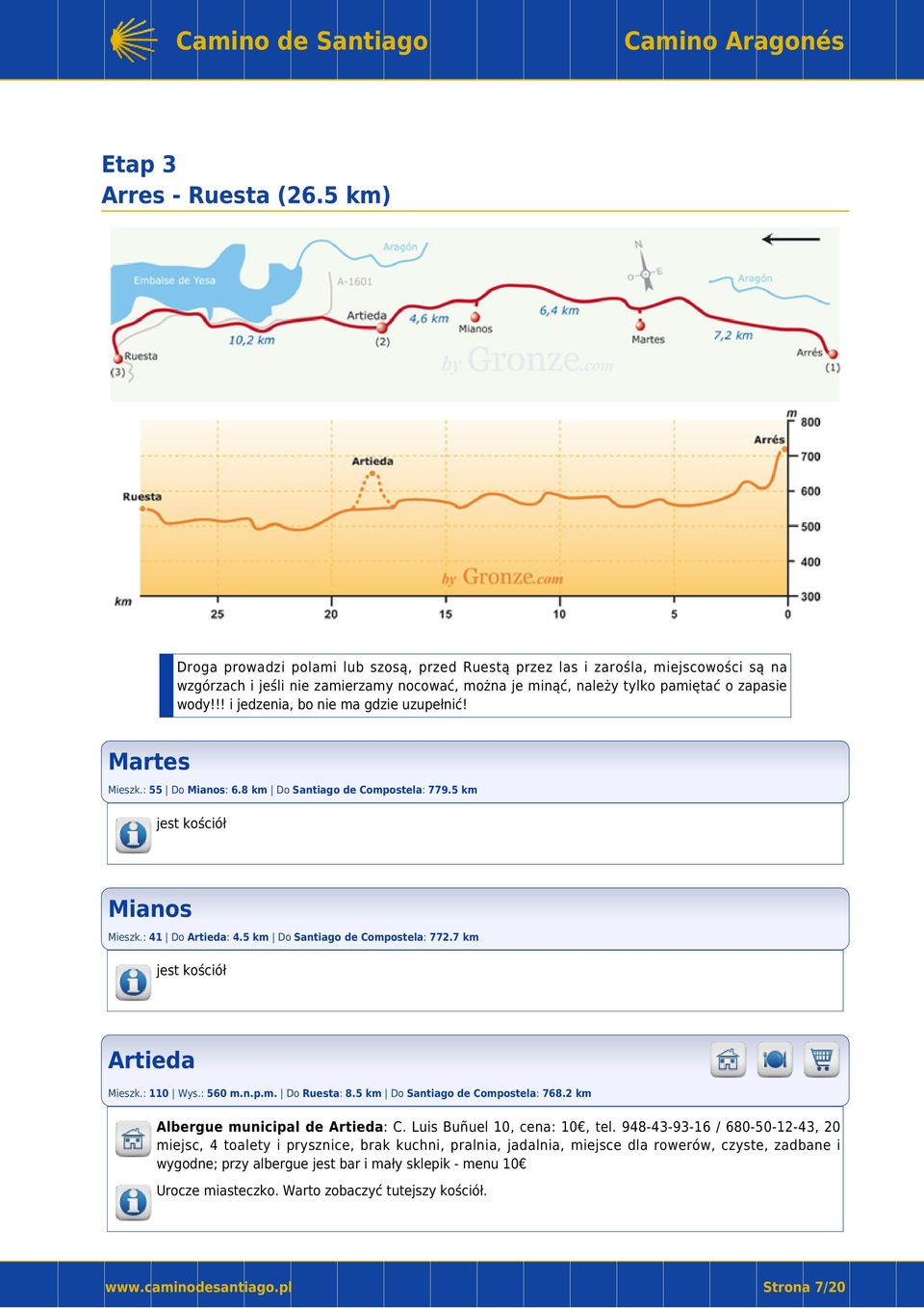 !! i jedzenia, bo nie ma gdzie uzupełnić! Martes Mieszk.: 55 Do Mianos: 6.8 km Do Santiago de Compostela: 779.5 km jest kościół Mianos Mieszk.: 41 Do Artieda: 4.5 km Do Santiago de Compostela: 772.