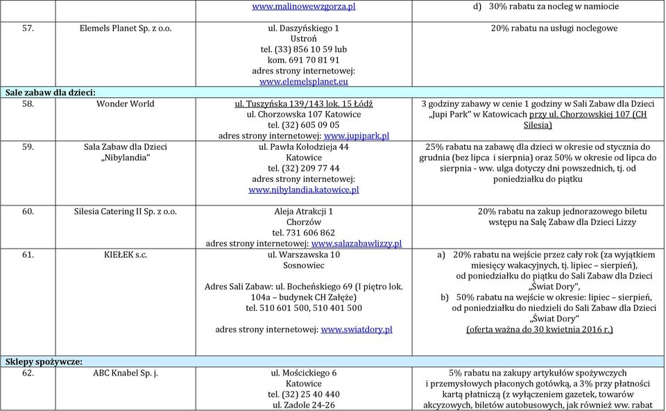 Silesia Catering II Sp. z o.o. Aleja Atrakcji 1 Chorzów tel. 731 606 862 www.salazabawlizzy.pl 61. KIEŁEK s.c. ul. Warszawska 10 Sosnowiec Adres Sali Zabaw: ul. Bocheńskiego 69 (I piętro lok.