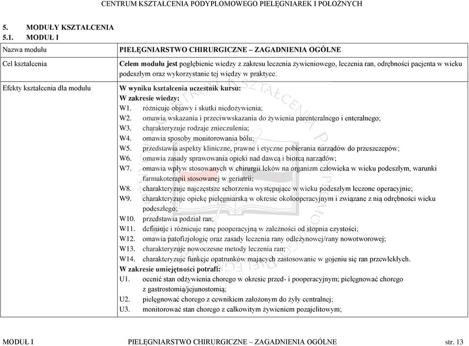 odrębności pacjenta w wieku podeszłym oraz wykorzystanie tej wiedzy w praktyce. W wyniku kształcenia uczestnik kursu: W zakresie wiedzy: W1. różnicuje objawy i skutki niedożywienia; W2.