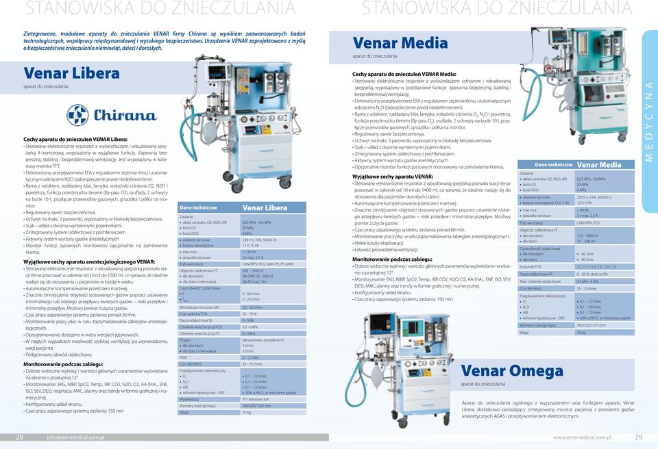 Venar Libera aparat do znieczulania Cechy aparatu do znieczuleń VENAR Libera: Sterowany elektronicznie respirator z wyświetlaczem i wbudowaną sprężarką 4 komorową, wyposażony w wyjątkowe funkcje.