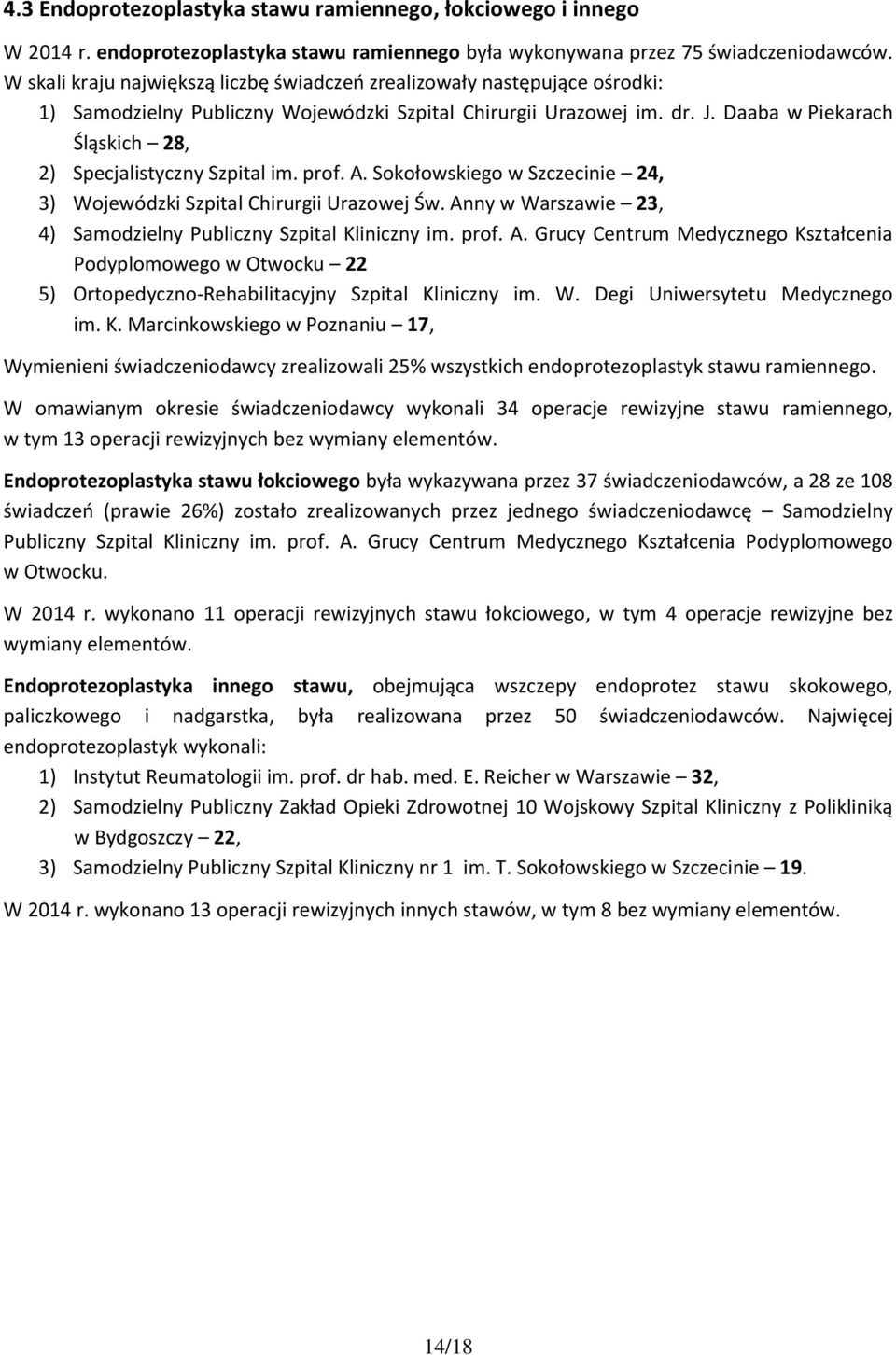 Daaba w Piekarach Śląskich 28, 2) Specjalistyczny Szpital im. prof. A. Sokołowskiego w Szczecinie 24, 3) Wojewódzki Szpital Chirurgii Urazowej Św.