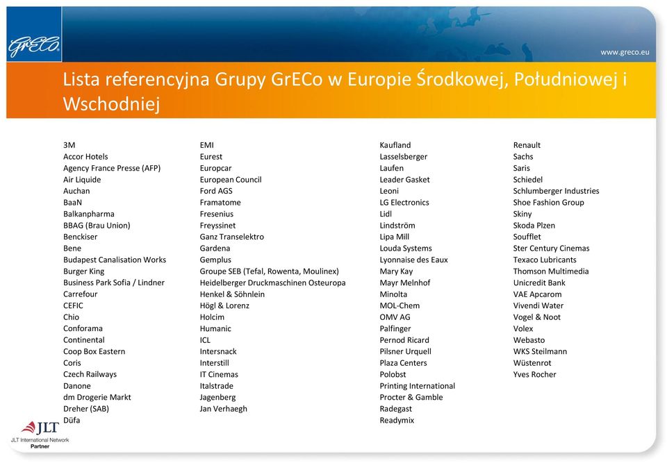 CEFIC Chio Conforama Continental Coop Box Eastern Coris Czech Railways Danone dm Drogerie Markt Dreher (SAB) Düfa EMI Eurest Europcar European Council Ford AGS Framatome Fresenius Freyssinet Ganz