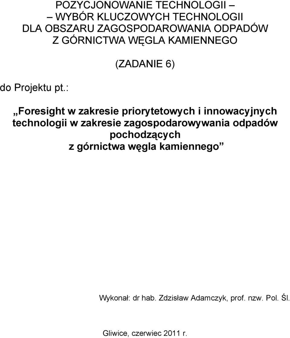 : (ZADANIE 6) Foresight w zakresie priorytetowych i innowacyjnych technologii w zakresie