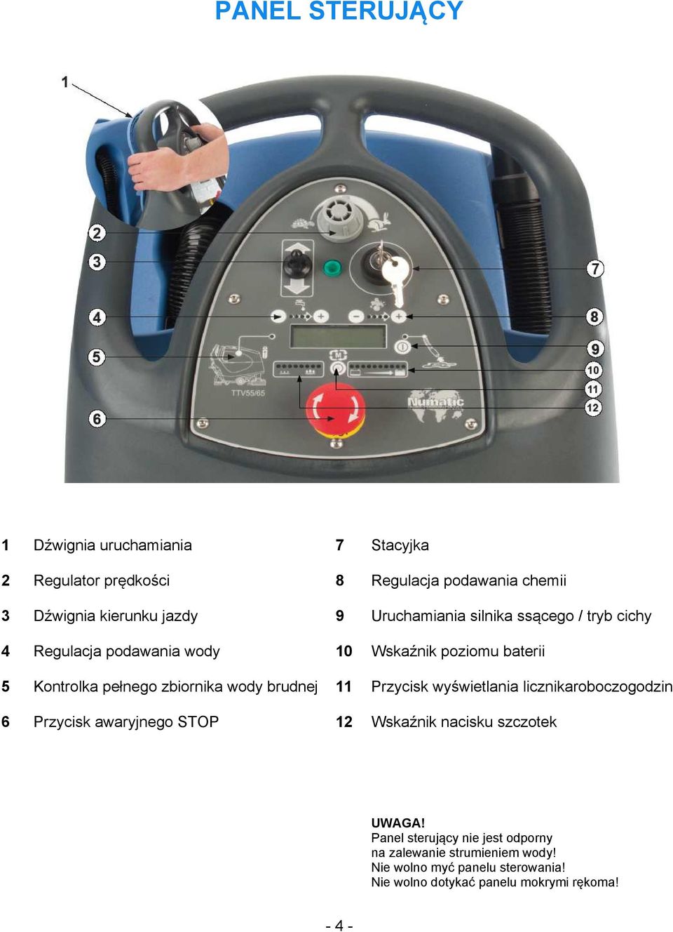 wody brudnej 11 Przycisk wyświetlania licznikaroboczogodzin 6 Przycisk awaryjnego STOP 12 Wskaźnik nacisku szczotek UWAGA!