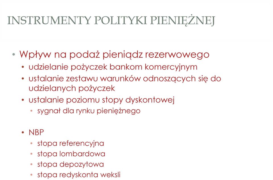 udzielanych pożyczek ustalanie poziomu stopy dyskontowej sygnał dla rynku