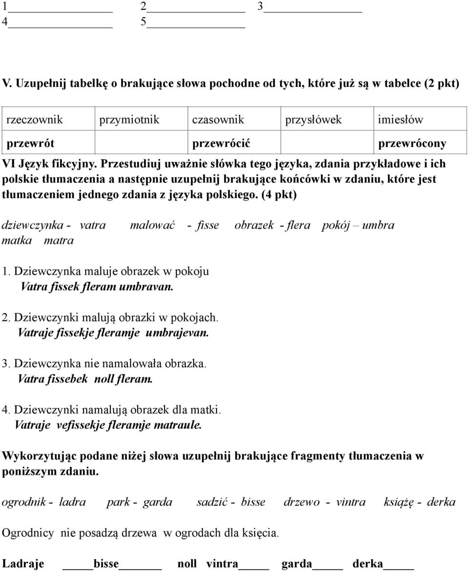 Przestudiuj uważnie słówka tego języka, zdania przykładowe i ich polskie tłumaczenia a następnie uzupełnij brakujące końcówki w zdaniu, które jest tłumaczeniem jednego zdania z języka polskiego.