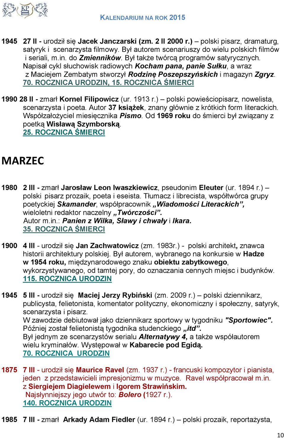 ROCZNICA URODZIN, 1 1990 28 II - zmarł Kornel Filipowicz (ur. 1913 r.) polski powieściopisarz, nowelista, scenarzysta i poeta. Autor 37 książek, znany głównie z krótkich form literackich.