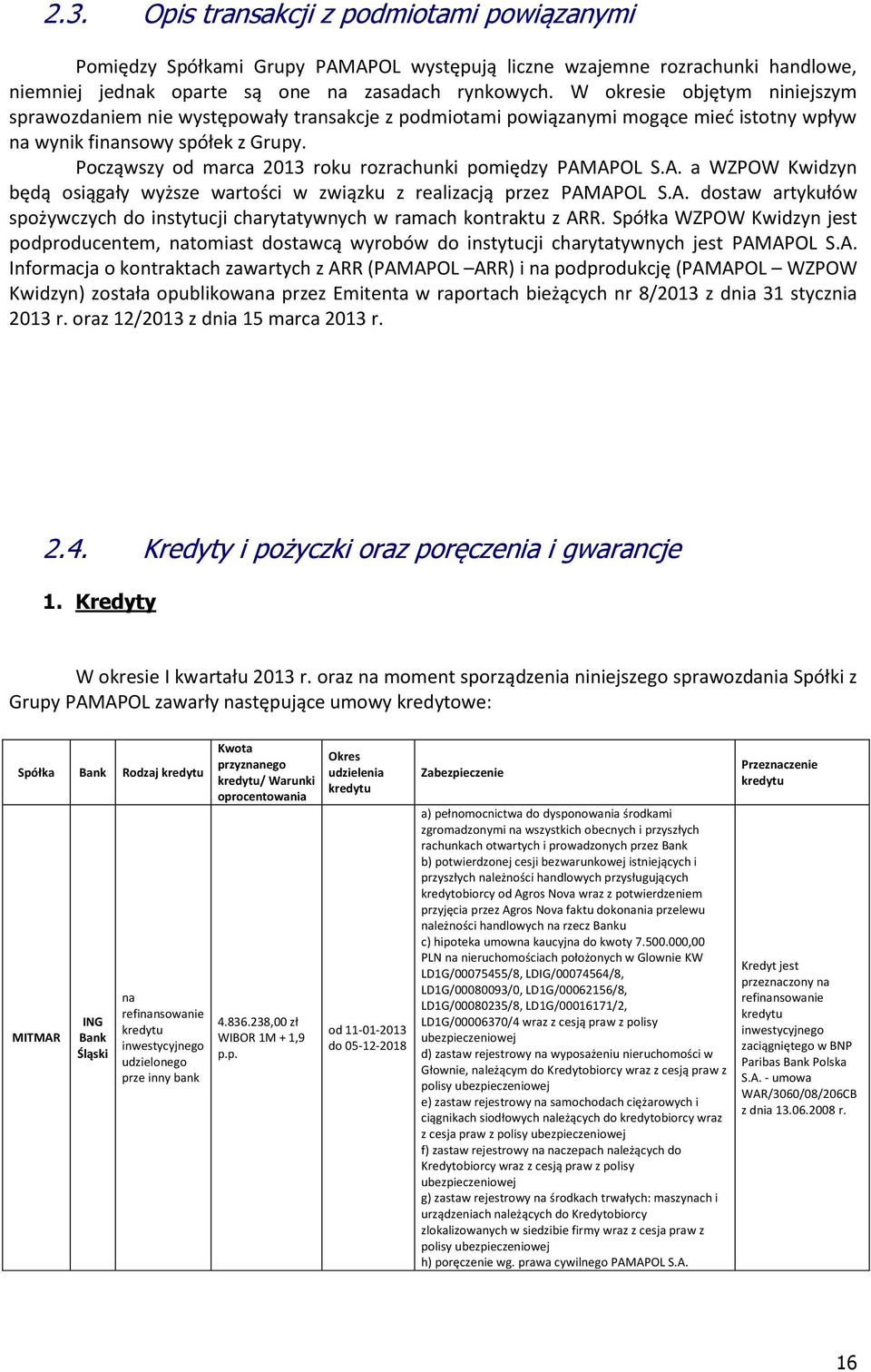 Począwszy od marca 2013 roku rozrachunki pomiędzy PAMAPOL S.A. a WZPOW Kwidzyn będą osiągały wyższe wartości w związku z realizacją przez PAMAPOL S.A. dostaw artykułów spożywczych do instytucji charytatywnych w ramach kontraktu z ARR.