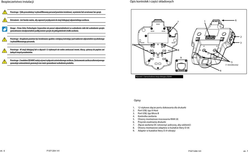 7 1 6 Uwaga Firma Zebra Technologies Corporation nie ponosi odpowiedzialności za uszkodzenia ciała lub uszkodzenia sprzętu spowodowane nieodpowiednim podłączeniem sprzętu do jakiegokolwiek źródła