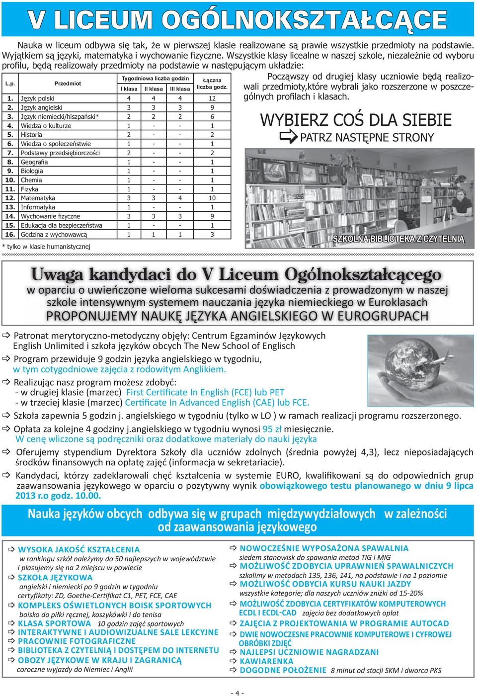 II klasa III klasa liczba godz. 1. Język 4 4 4 12 2. Język angielski 3 3 3 9 3. Język niemiecki/hiszpański* 2 2 2 6 4. Wiedza o kulturze 1 - - 1 5. Historia 2 - - 2 6.