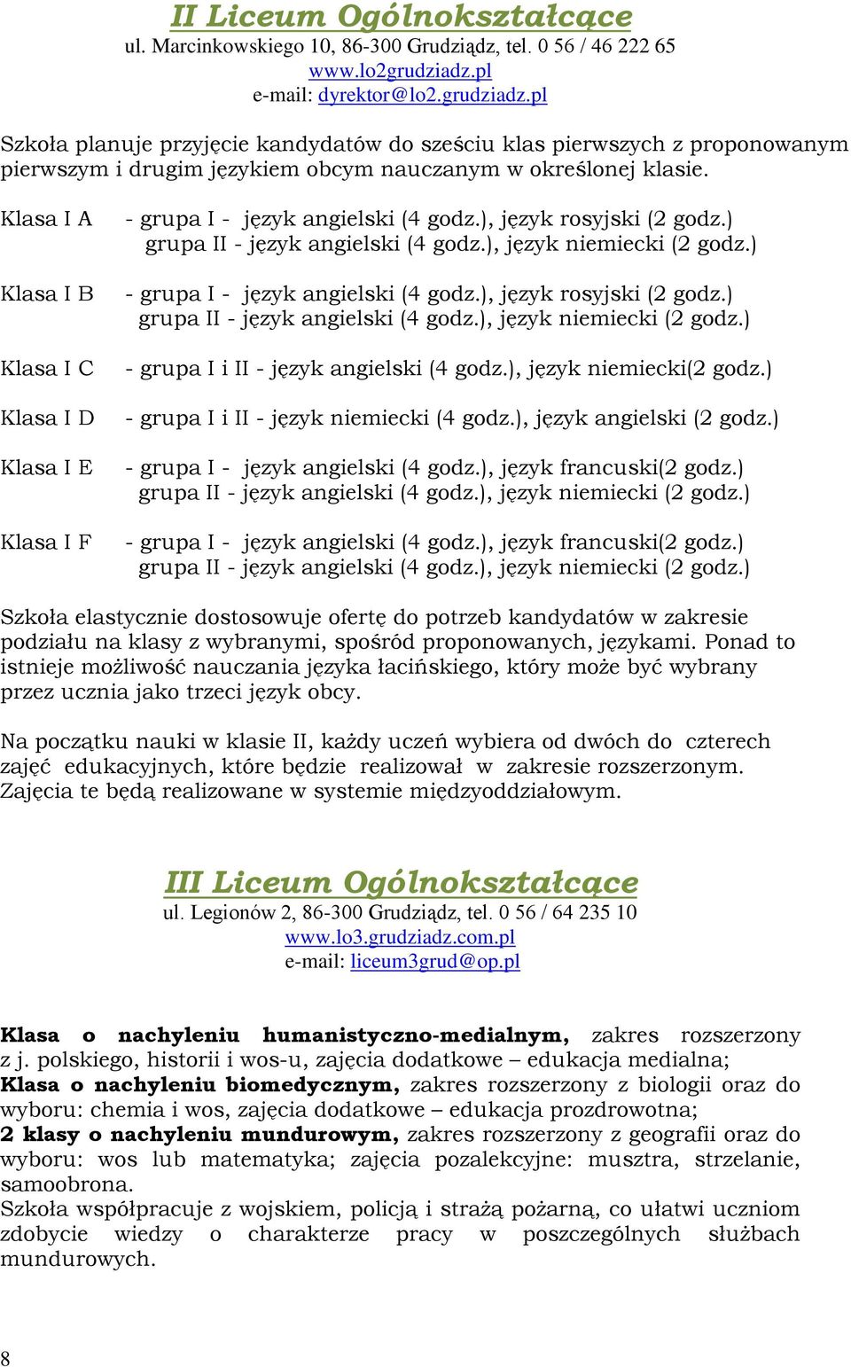 Klasa I A Klasa I B Klasa I C Klasa I D Klasa I E Klasa I F - grupa I - język angielski (4 godz.), język rosyjski (2 godz.) grupa II - język angielski (4 godz.), język niemiecki (2 godz.