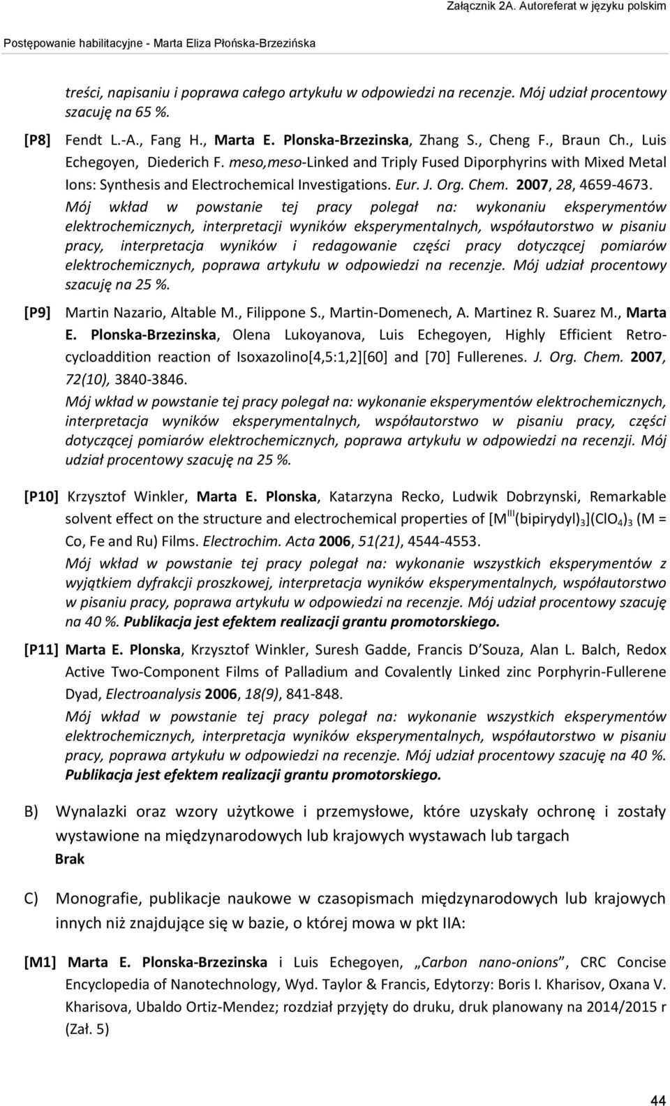 Mój wkład w powstanie tej pracy polegał na: wykonaniu eksperymentów elektrochemicznych, interpretacji wyników eksperymentalnych, współautorstwo w pisaniu pracy, interpretacja wyników i redagowanie