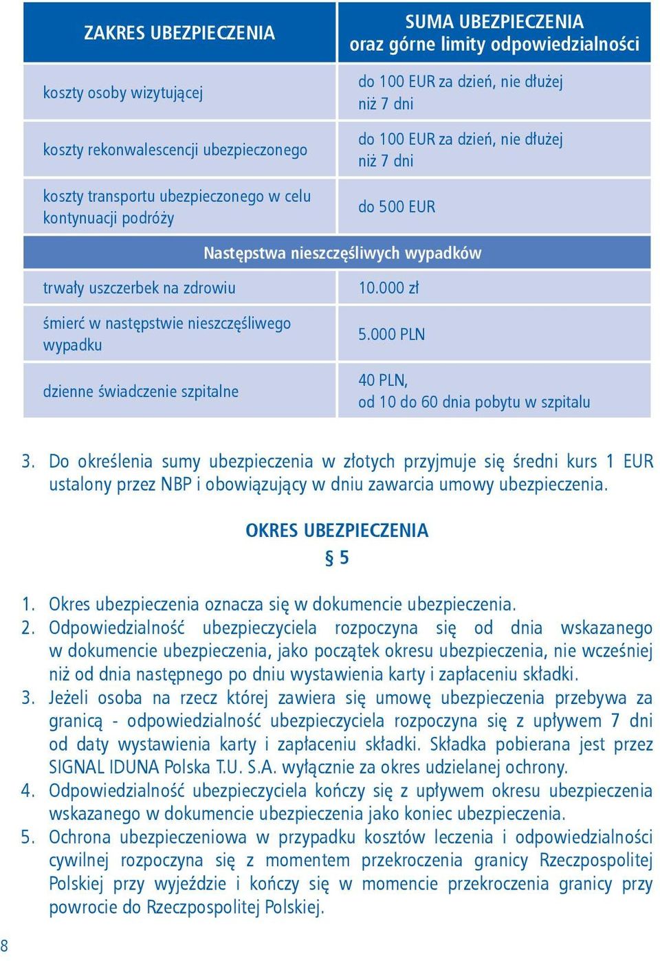 wypadku dzienne świadczenie szpitalne 10.000 zł 5.000 PLN 40 PLN, od 10 do 60 dnia pobytu w szpitalu 3.