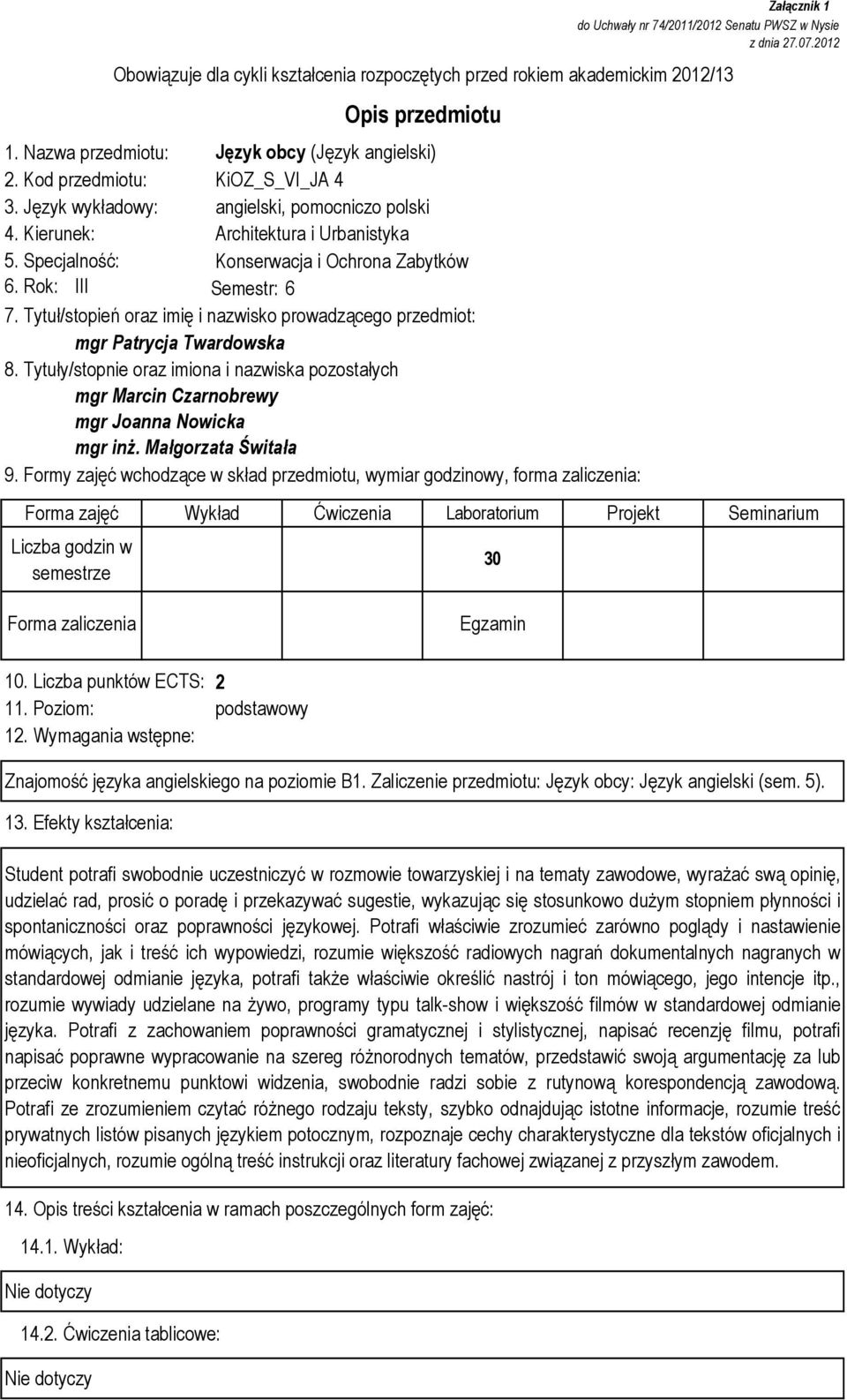 Tytuły/stopnie oraz imiona i nazwiska pozostałych mgr Marcin Czarnobrewy mgr Joanna Nowicka mgr inż. Małgorzata Świtała 9.