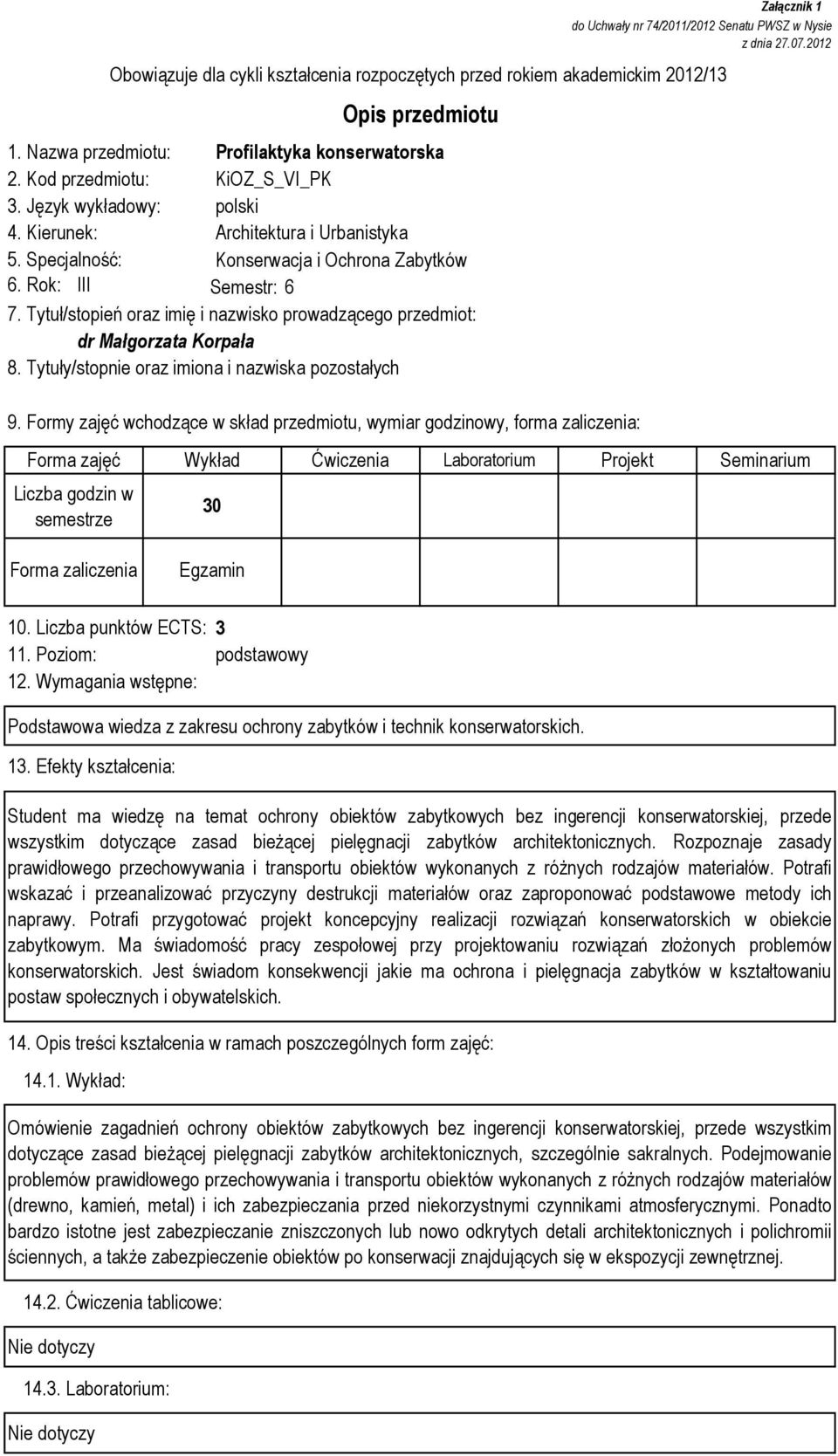 Tytuły/stopnie oraz imiona i nazwiska pozostałych Załącznik 1 do Uchwały nr 74/2011/2012 Senatu PWSZ w Nysie z dnia 27.07.