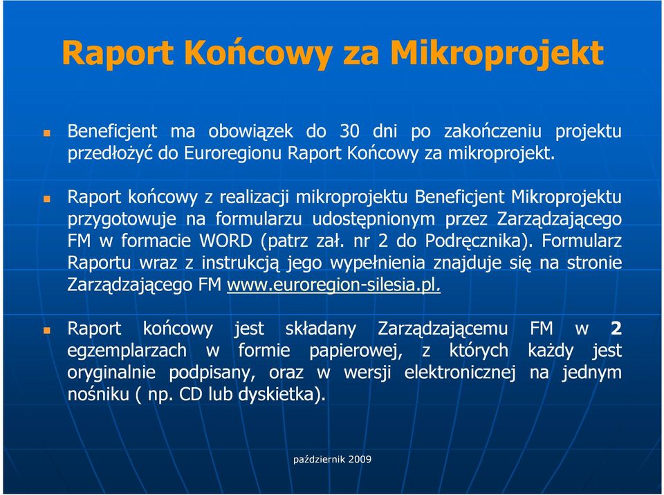 nr2do Podręcznika). Formularz Raportu wraz z instrukcją jego wypełnienia znajduje sięna stronie Zarządzającego FMwww.euroregion-silesia.pl.