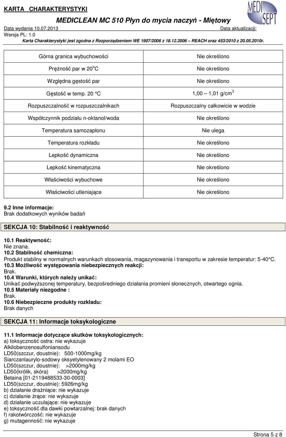 wybuchowe Właściwości utleniające Rozpuszczalny całkowicie w wodzie Nie ulega 9.2 Inne informacje: Brak dodatkowych wyników badań SEKCJA 10: