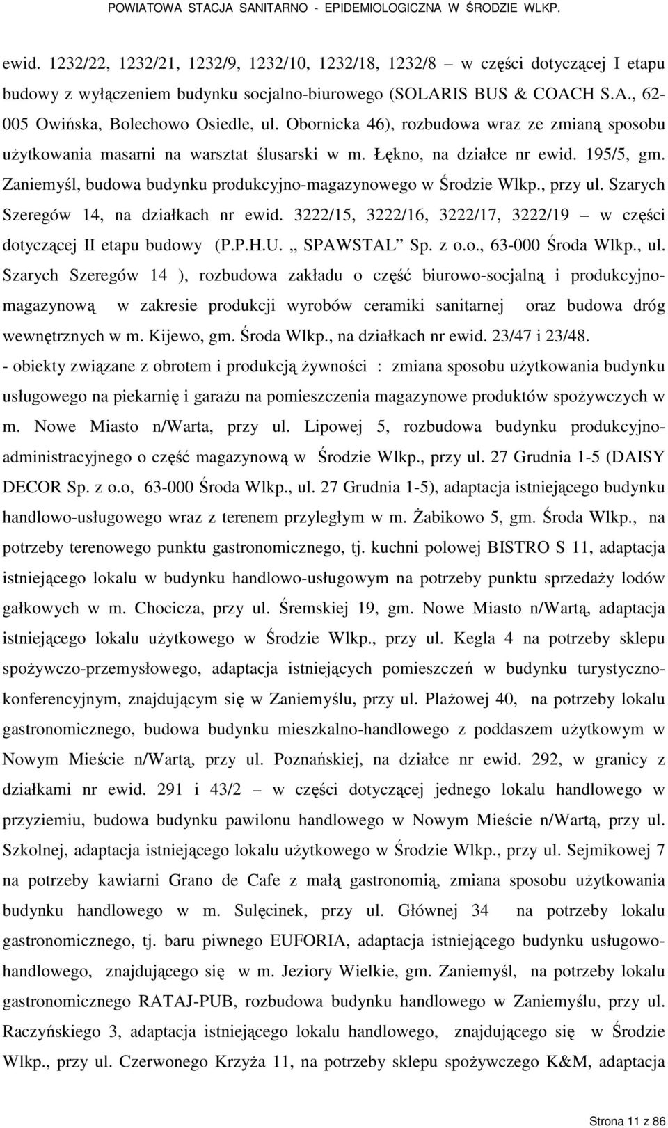 , przy ul. Szarych Szeregów 14, na działkach nr ewid. 3222/15, 3222/16, 3222/17, 3222/19 w części dotyczącej II etapu budowy (P.P.H.U. SPAWSTAL Sp. z o.o., 63-000 Środa Wlkp., ul.