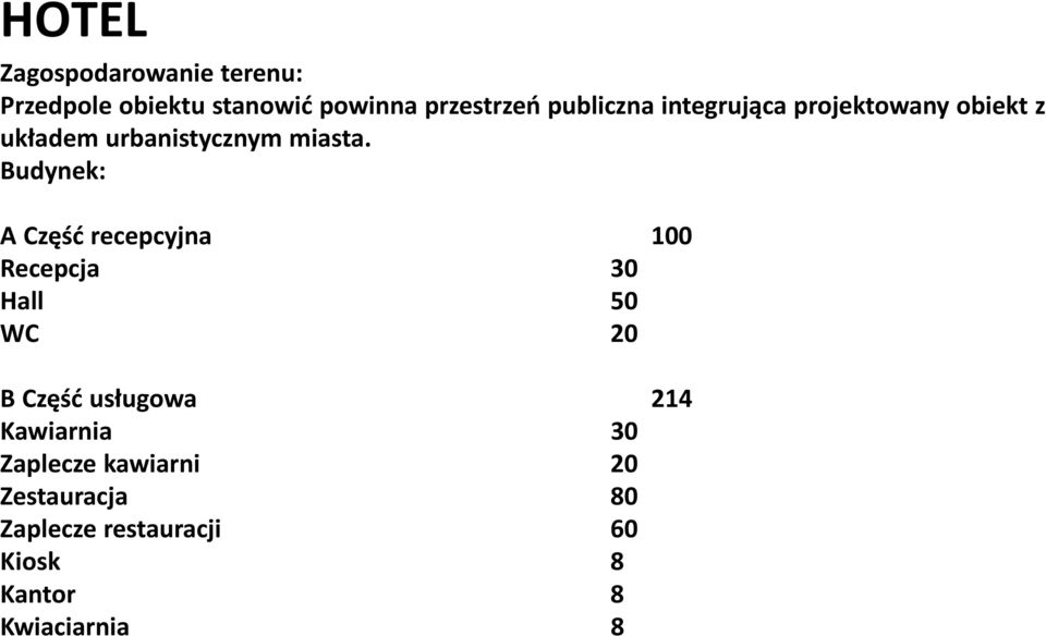 Budynek: A Część recepcyjna 100 Recepcja 30 Hall 50 WC 20 B Część usługowa 214