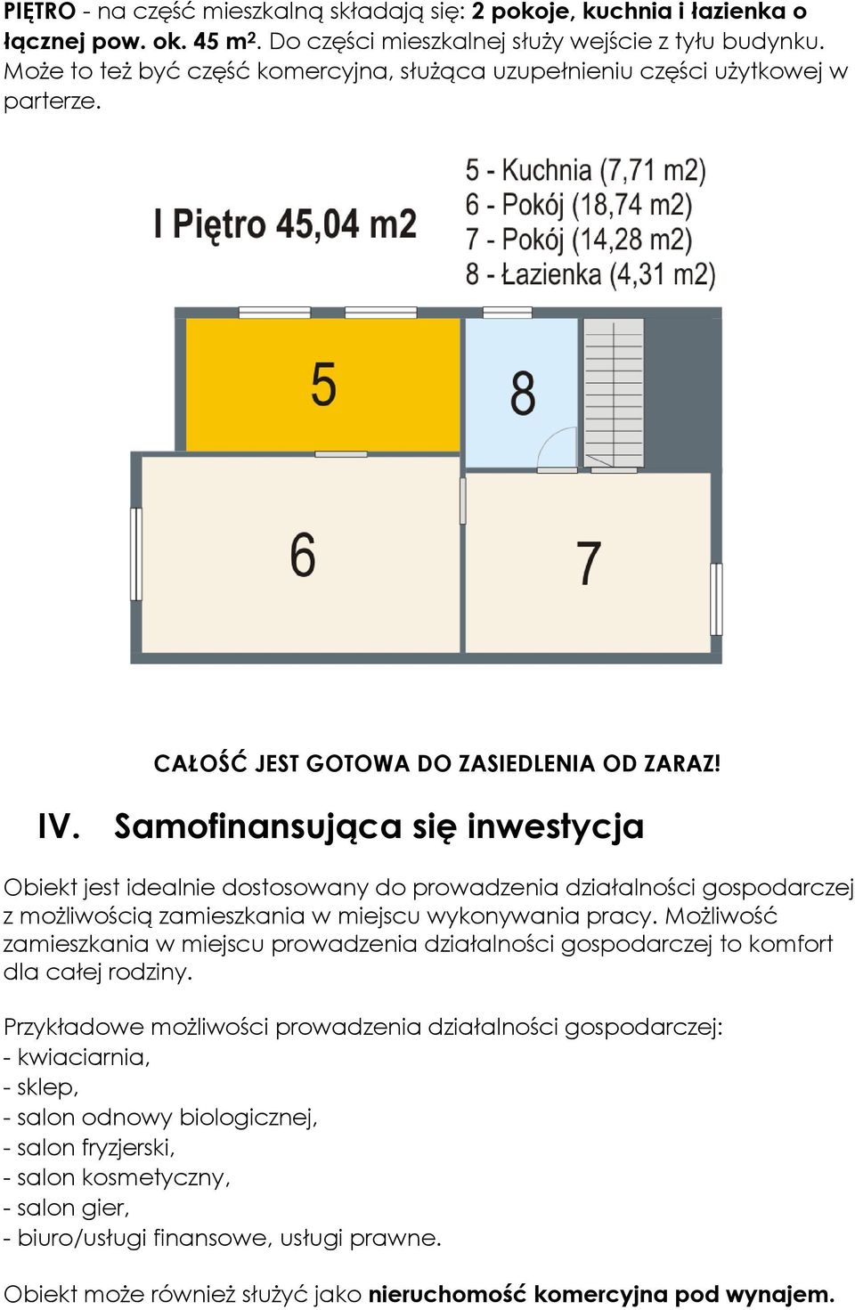 Samofinansująca się inwestycja Obiekt jest idealnie dostosowany do prowadzenia działalności gospodarczej z możliwością zamieszkania w miejscu wykonywania pracy.