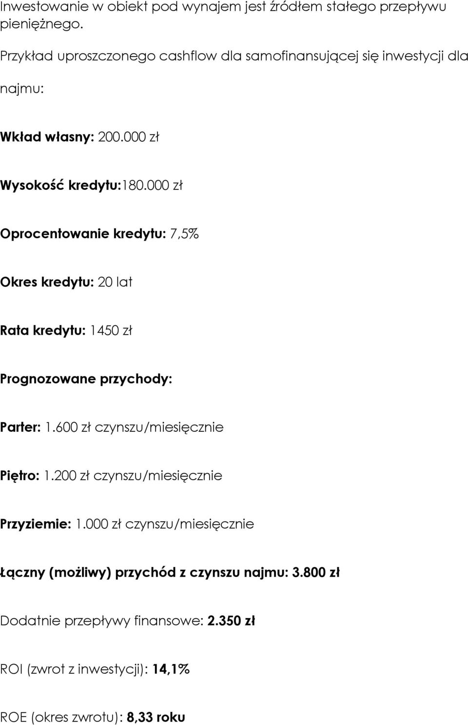 000 zł Oprocentowanie kredytu: 7,5% Okres kredytu: 20 lat Rata kredytu: 1450 zł Prognozowane przychody: Parter: 1.