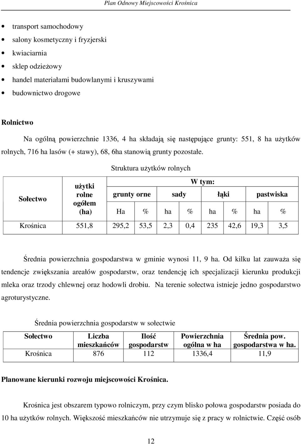 Struktura uytków rolnych Sołectwo uytki W tym: rolne grunty orne sady łki pastwiska ogółem (ha) Ha % ha % ha % ha % Kronica 551,8 295,2 53,5 2,3 0,4 235 42,6 19,3 3,5 rednia powierzchnia gospodarstwa