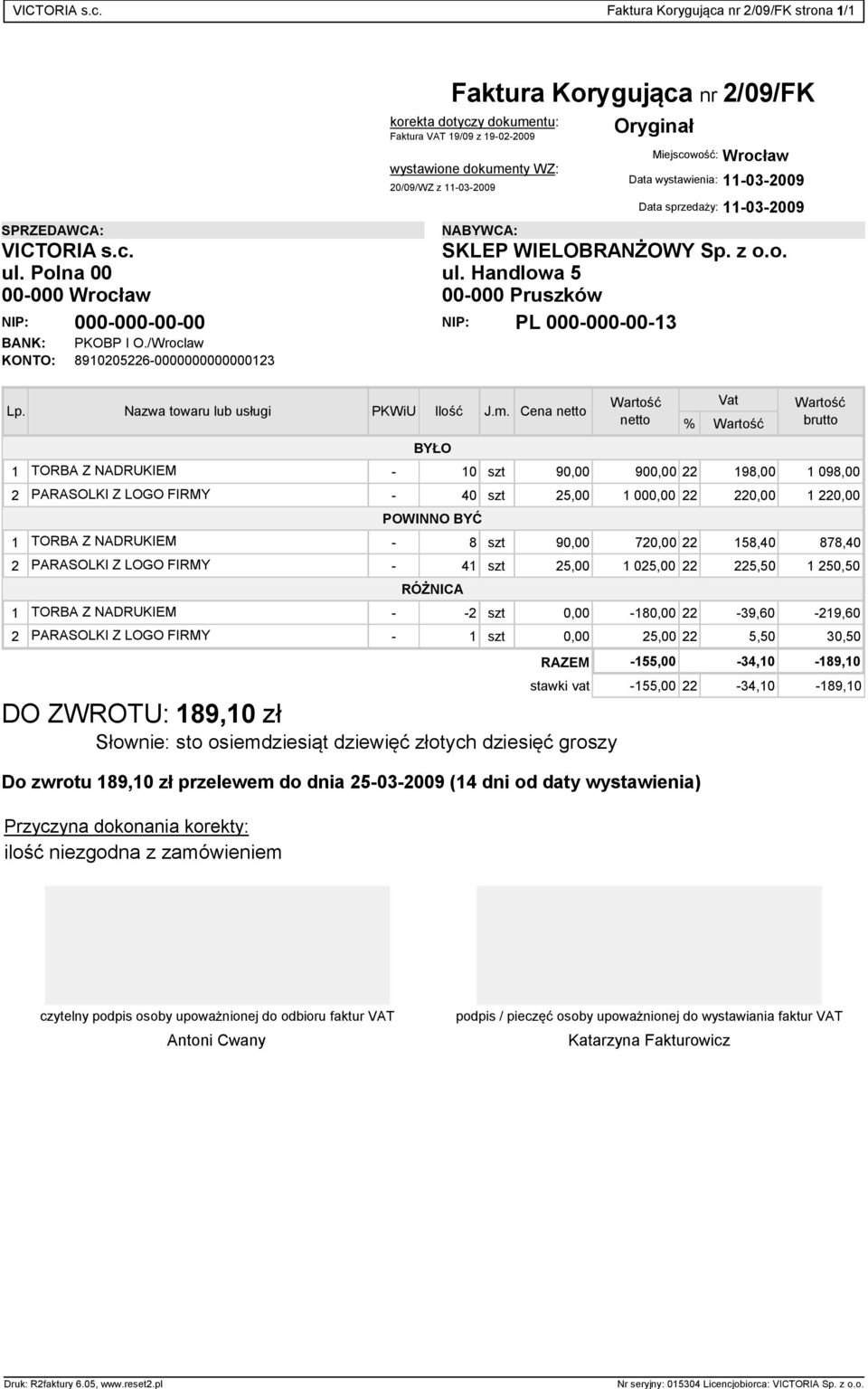 11-03-2009 Data sprzeda y: 11-03-2009 SKLEP WIELOBRAN OWY Sp. z o.o. ul. Handlowa 5 00-000 Pruszków NIP: 000-000-00-00 NIP: PL 000-000-00-13 BANK: PKOBP I O.