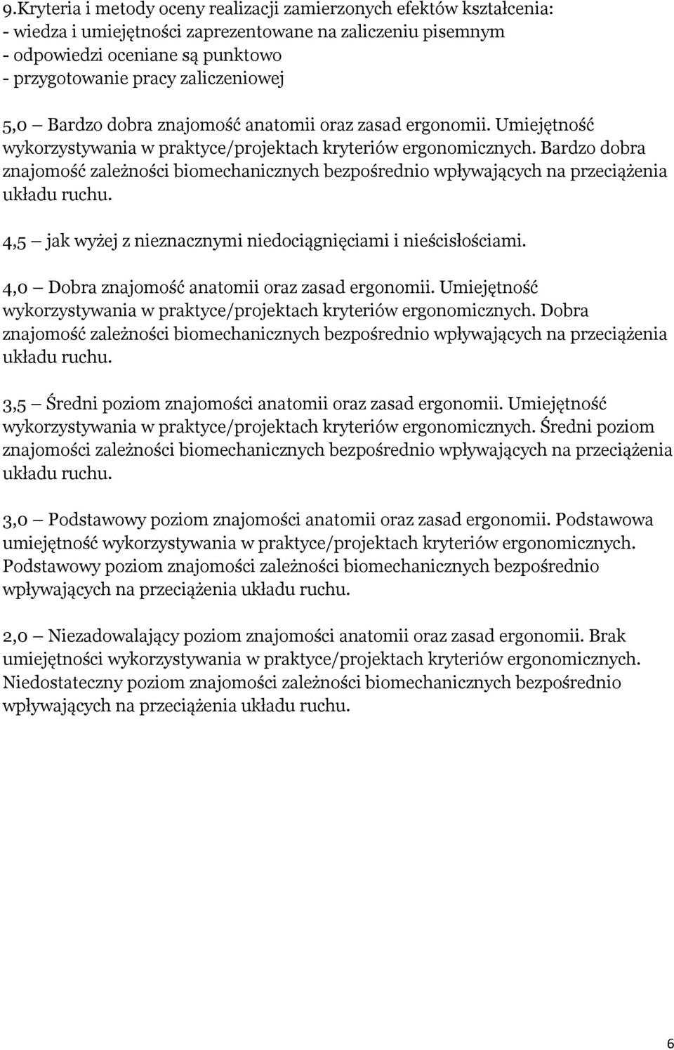 Bardzo dobra znajomość zależności biomechanicznych bezpośrednio wpływających na przeciążenia układu ruchu. 4,5 jak wyżej z nieznacznymi niedociągnięciami i nieścisłościami.