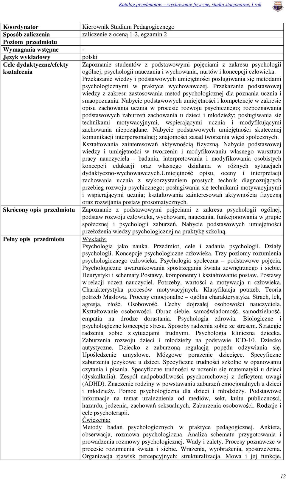 Przekazanie wiedzy i podstawowych umiejętności posługiwania się metodami psychologicznymi w praktyce wychowawczej.