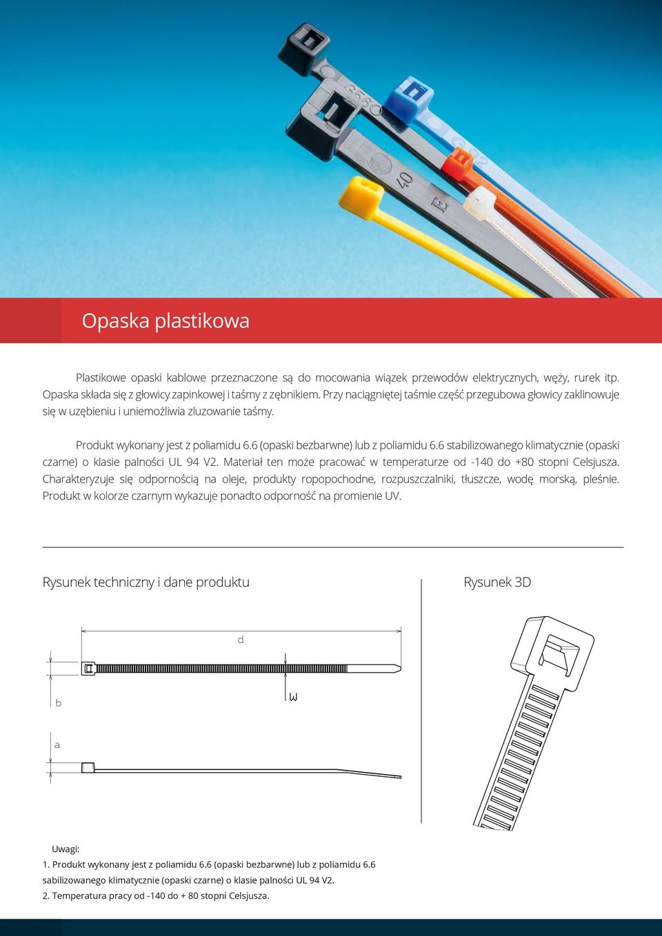 6 stabilizowanego klimatycznie (opaski czarne) o klasie palności UL 94 V2. Materiał ten może pracować w temperaturze od -140 do +80 stopni Celsjusza.