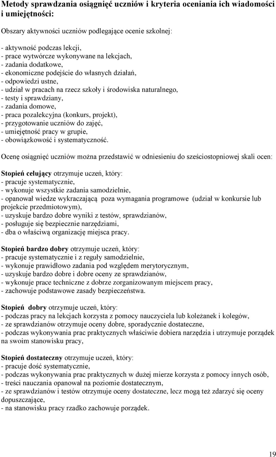 zadania domowe, - praca pozalekcyjna (konkurs, projekt), - przygotowanie uczniów do zajęć, - umiejętność pracy w grupie, - obowiązkowość i systematyczność.