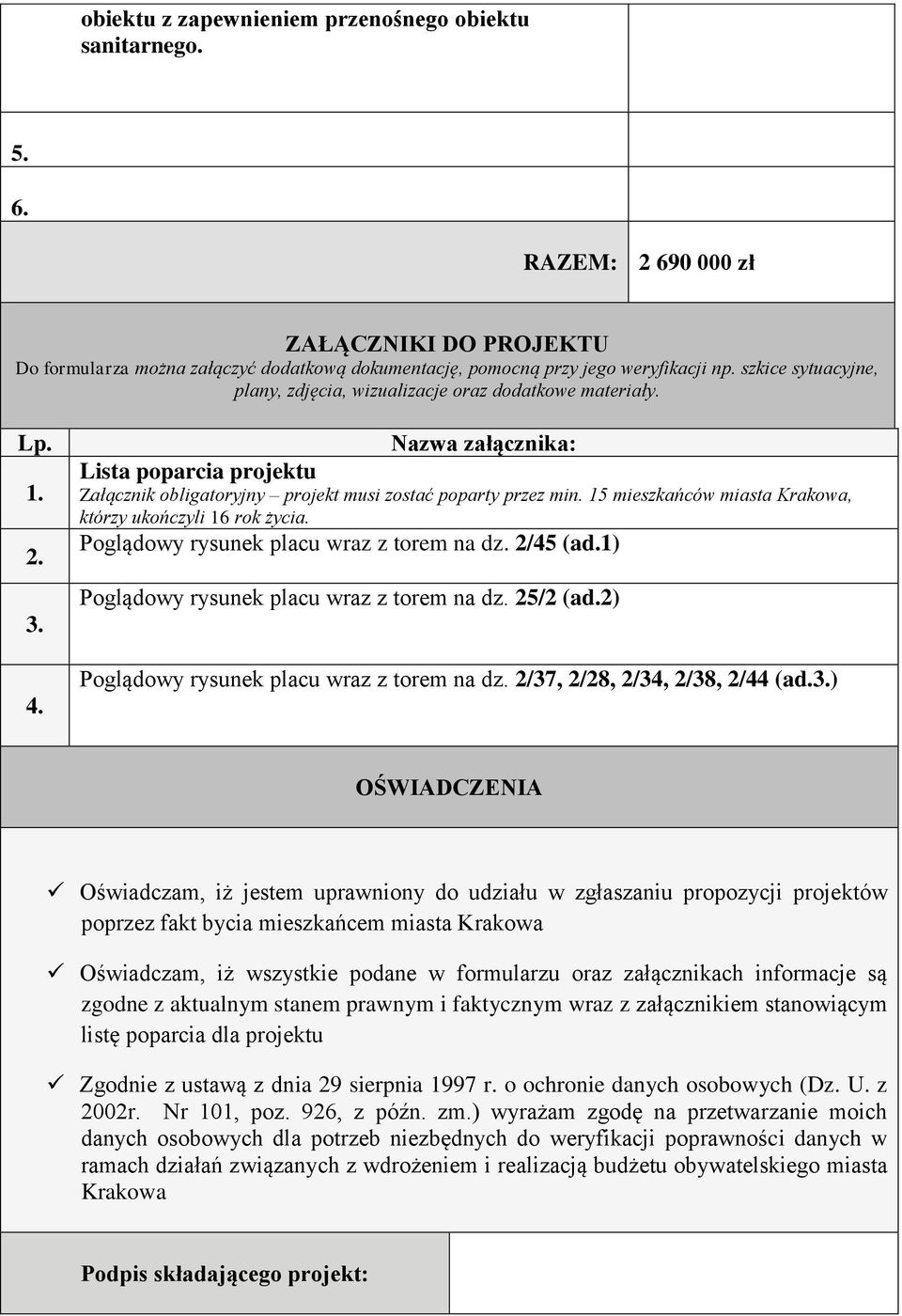 15 mieszkańców miasta Krakowa, którzy ukończyli 16 rok życia. Poglądowy rysunek placu wraz z torem na dz. 2/45 (ad.1) Poglądowy rysunek placu wraz z torem na dz. 25/2 (ad.