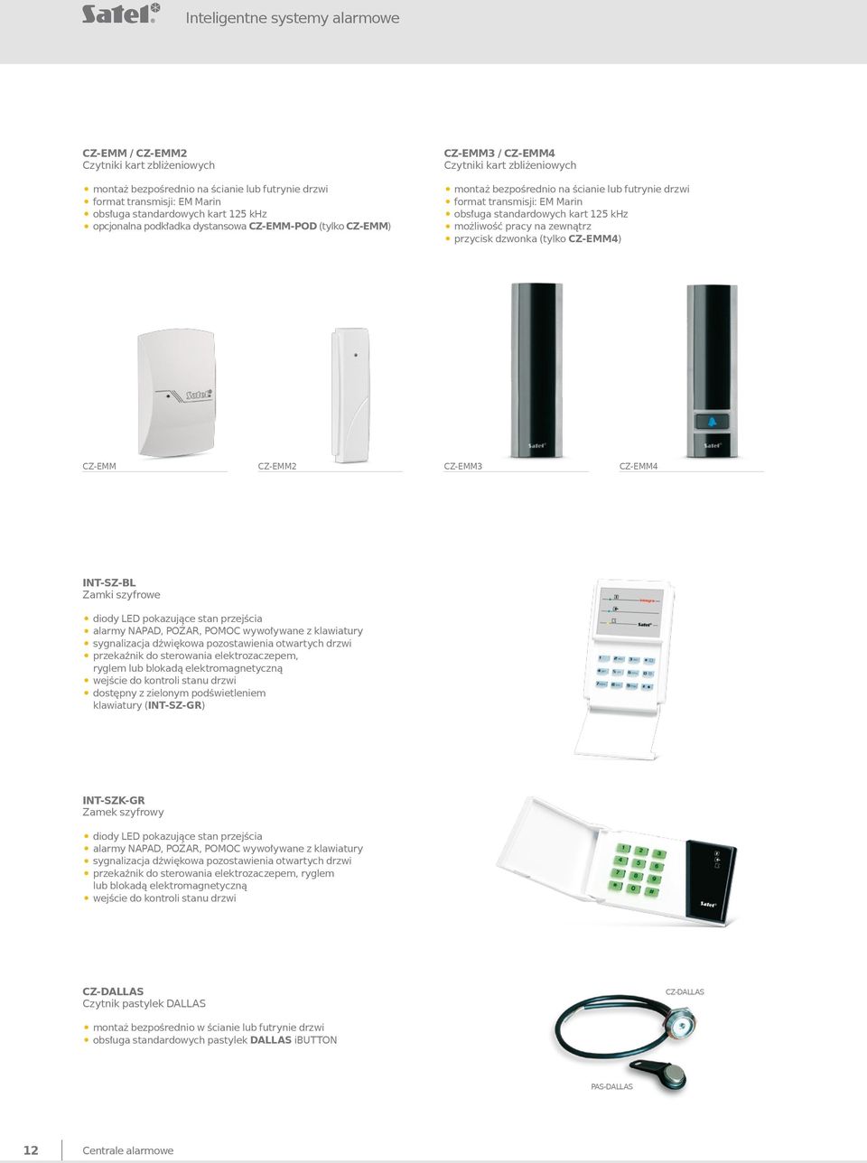 125 khz możliwość pracy na zewnątrz przycisk dzwonka (tylko CZ-EMM4) CZ-EMM CZ-EMM2 CZ-EMM3 CZ-EMM4 INT-SZ-BL Zamki szyfrowe diody LED pokazujące stan przejścia alarmy NAPAD, POŻAR, POMOC wywoływane