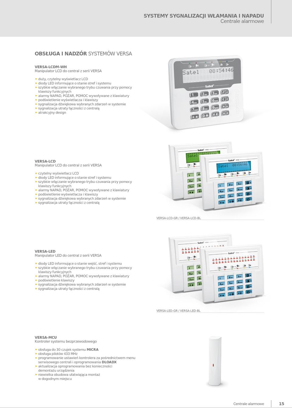 sygnalizacja dźwiękowa wybranych zdarzeń w systemie sygnalizacja utraty łączności z centralą atrakcyjny design VERSA-LCD Manipulator LCD do central z serii VERSA czytelny wyświetlacz LCD diody LED