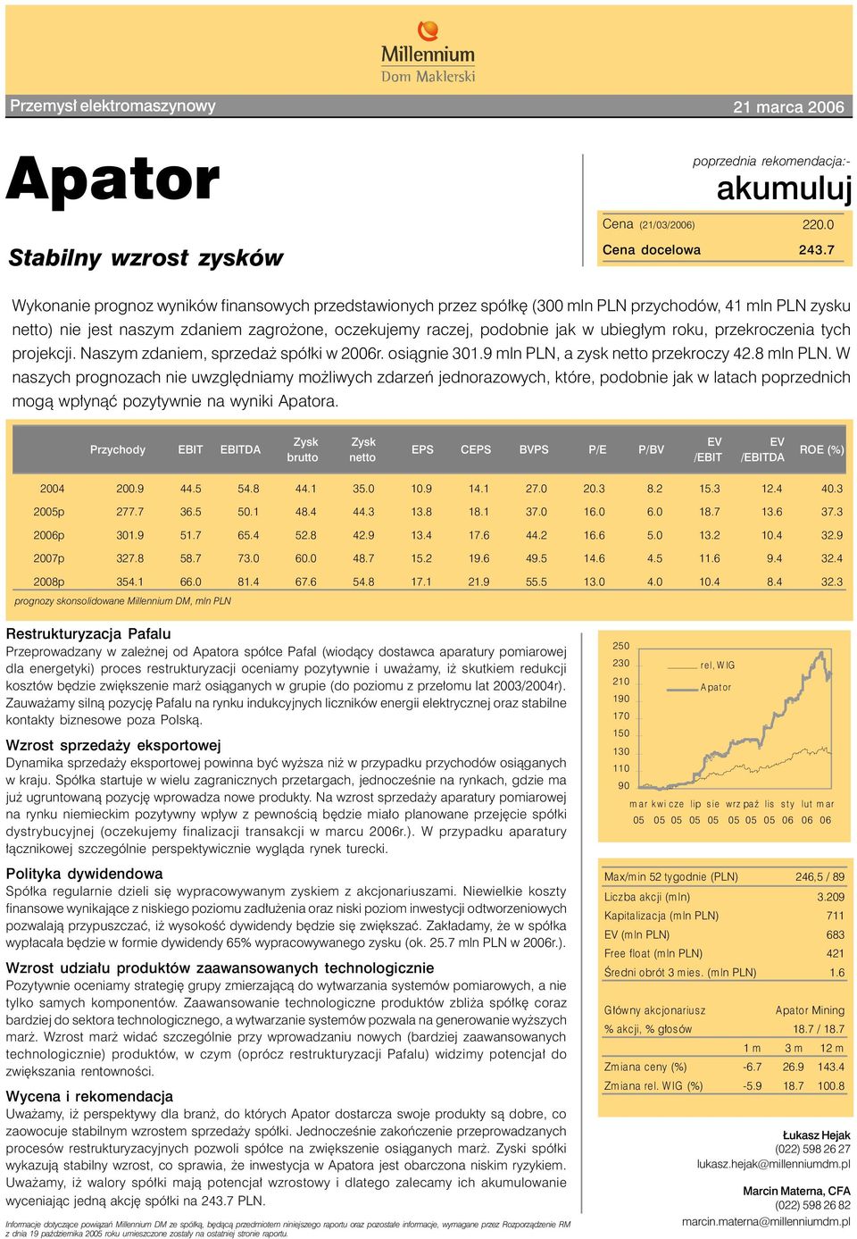 roku, przekroczenia tych projekcji. Naszym zdaniem, sprzedaż spółki w 2006r. osiągnie 301.9 mln PLN, a zysk netto przekroczy 42.8 mln PLN.