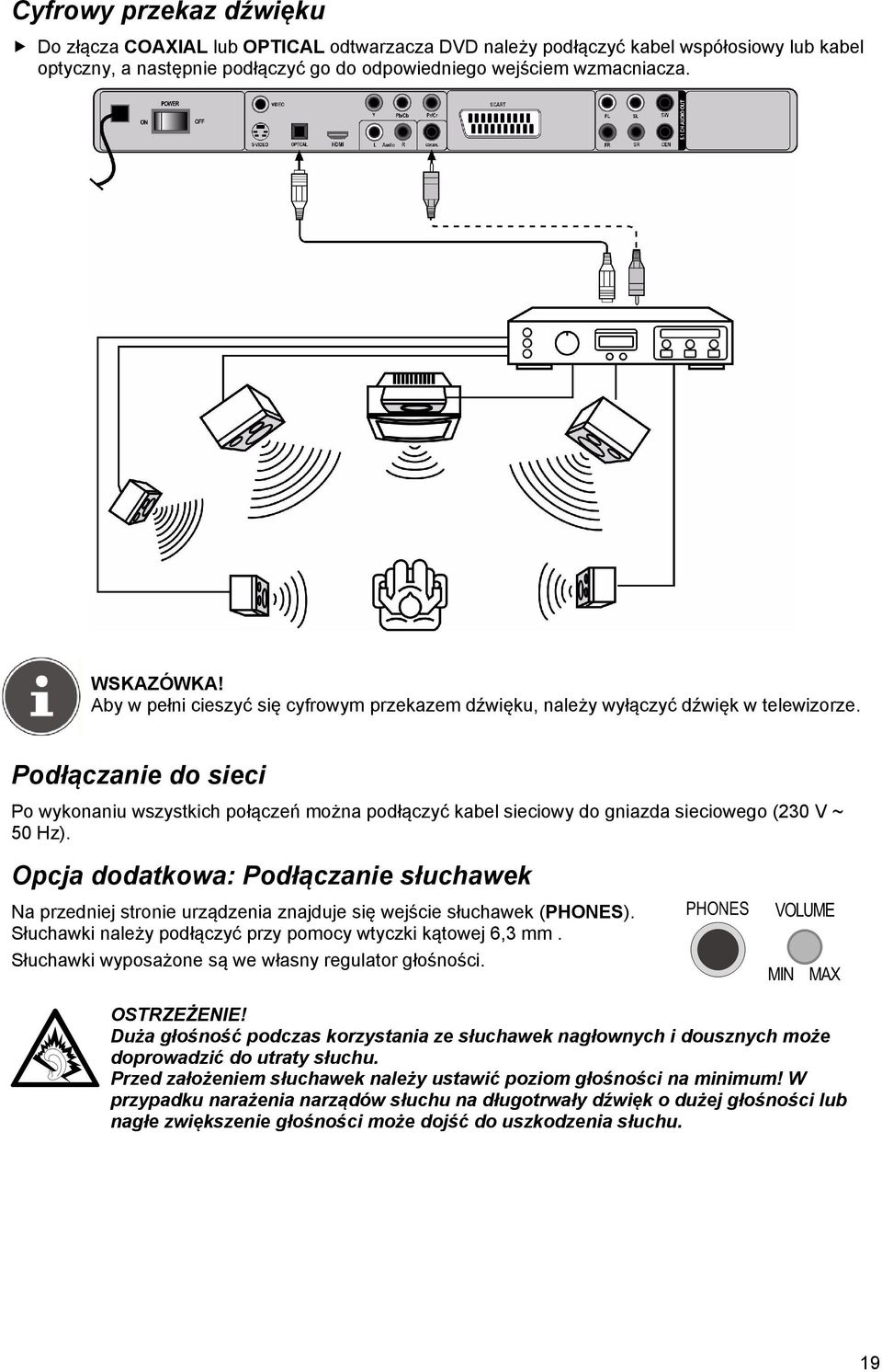 Podłączanie do sieci Po wykonaniu wszystkich połączeń można podłączyć kabel sieciowy do gniazda sieciowego (230 V ~ 50 Hz).