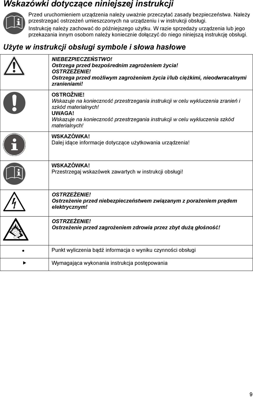 W razie sprzedaży urządzenia lub jego przekazania innym osobom należy koniecznie dołączyć do niego niniejszą instrukcję obsługi. Użyte w instrukcji obsługi symbole i słowa hasłowe NIEBEZPIECZEŃSTWO!