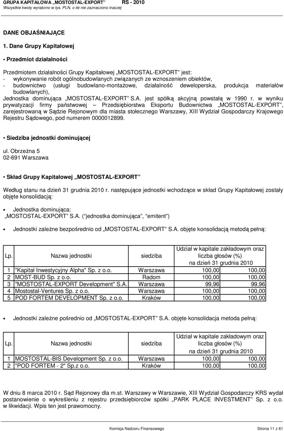 (usługi budowlano-montaŝowe, działalność deweloperska, produkcja materiałów budowlanych), Jednostka dominująca MOSTOSTAL-EXPORT S.A. jest spółką akcyjną powstałą w 1990 r.