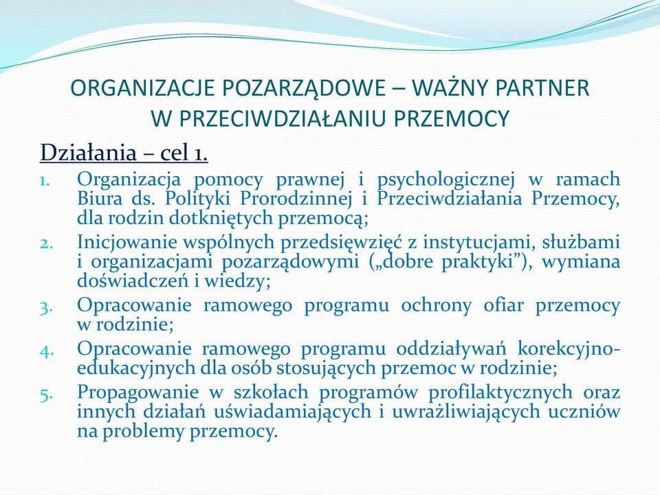 Inicjowanie wspólnych przedsięwzięć z instytucjami, służbami i organizacjami pozarządowymi ( dobre praktyki ), wymiana doświadczeń i wiedzy; 3.