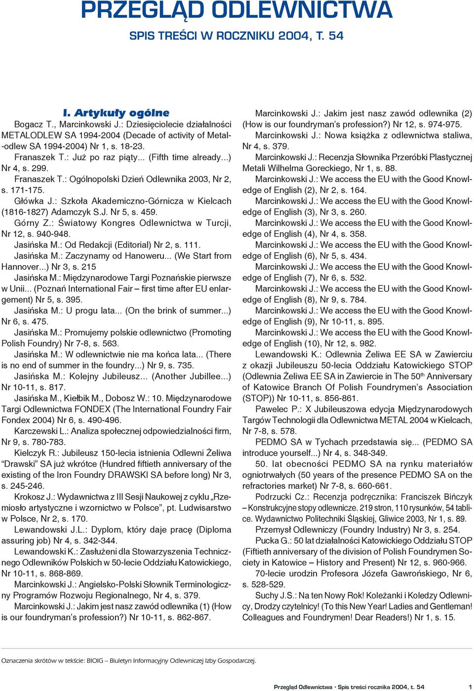 Franaszek T.: Ogólnopolski Dzień Odlewnika 2003, Nr 2, s. 171-175. Główka J.: Szkoła Akademiczno-Górnicza w Kielcach (1816-1827) Adamczyk S.J. Nr 5, s. 459. Górny Z.