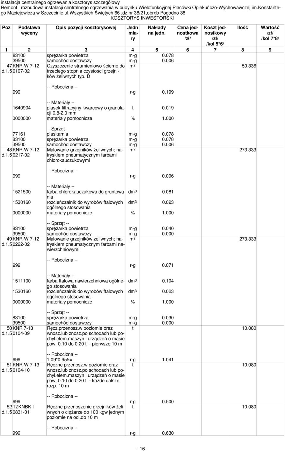 078 39500 samochód dostawczy m-g 0.006 48KNR-W 7-12 d.1.5 0217-02 Malowanie grzejników żeliwnych; natryskiem pneumatycznym farbami chlorokauczukowymi m 2 273.333 999 r-g 0.