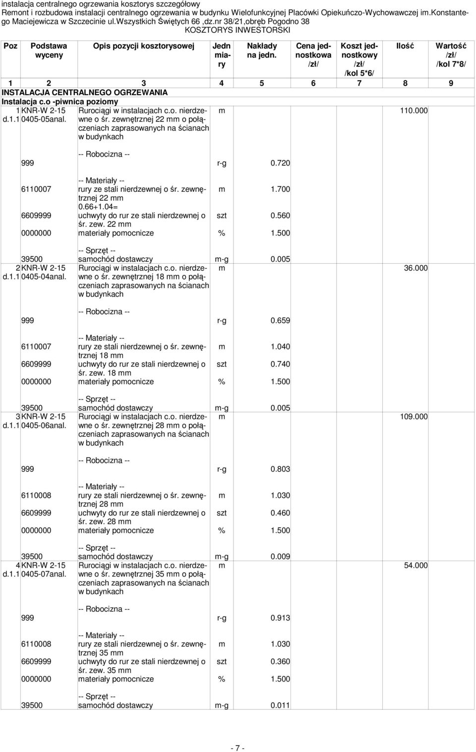 04= 6609999 uchwyty do rur ze stali nierdzewnej o szt 0.560 śr. zew. 22 mm 39500 samochód dostawczy m-g 0.005 2KNR-W 2-15 d.1.1 0405-04anal. Rurociągi w instalacjach c.o. nierdzewne o śr.