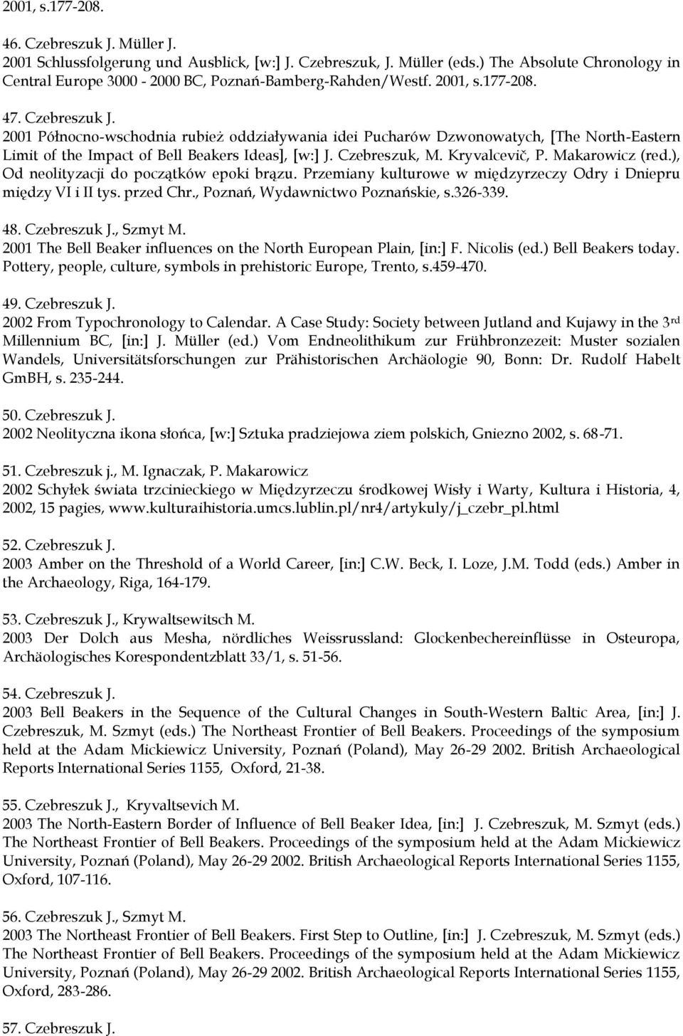 2001 Północno-wschodnia rubież oddziaływania idei Pucharów Dzwonowatych, [The North-Eastern Limit of the Impact of Bell Beakers Ideas], [w:] J. Czebreszuk, M. Kryvalcevič, P. Makarowicz (red.