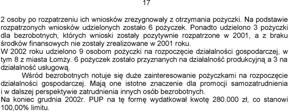 W 2002 roku udzielono 9 osobom pożyczki na rozpoczęcie działalności gospodarczej, w tym 8 z miasta Łomży. 6 pożyczek zostało przyznanych na działalność produkcyjną a 3 na działalność usługową.