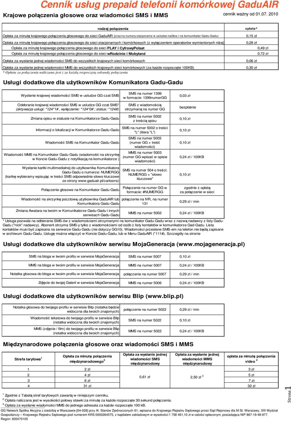 głosowego do sieci stacjonarnych i komórkowych (z wyłączeniem operatorów wymienionych niżej) Opłata za minutę krajowego połączenia głosowego do sieci PLAY i CyfrowyPolsat Opłata za minutę krajowego